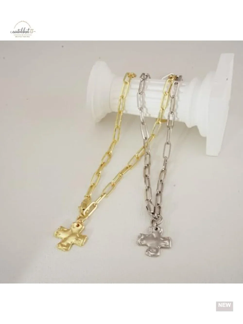 Chunky Cross Necklace Set 14K Gold Plated Paperclip Herringbone Chain